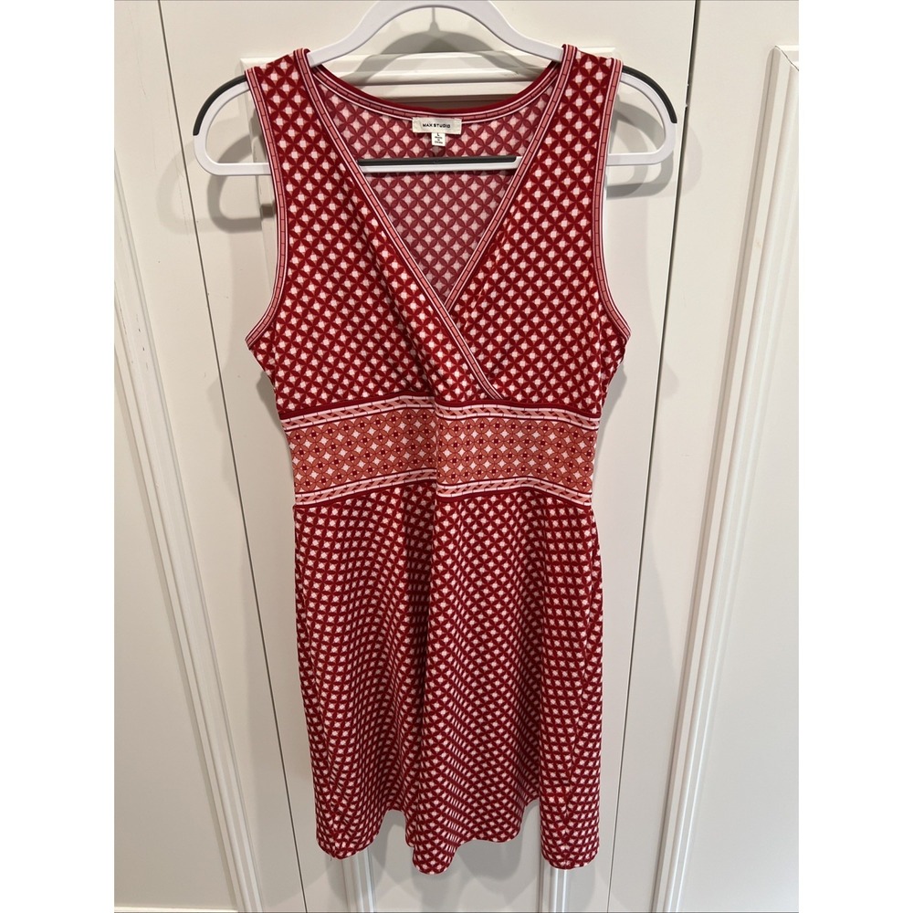 Max Studio Faux Wrap Tank Dress Sleeveless Geometric Print Red Retro Fit & Flare
